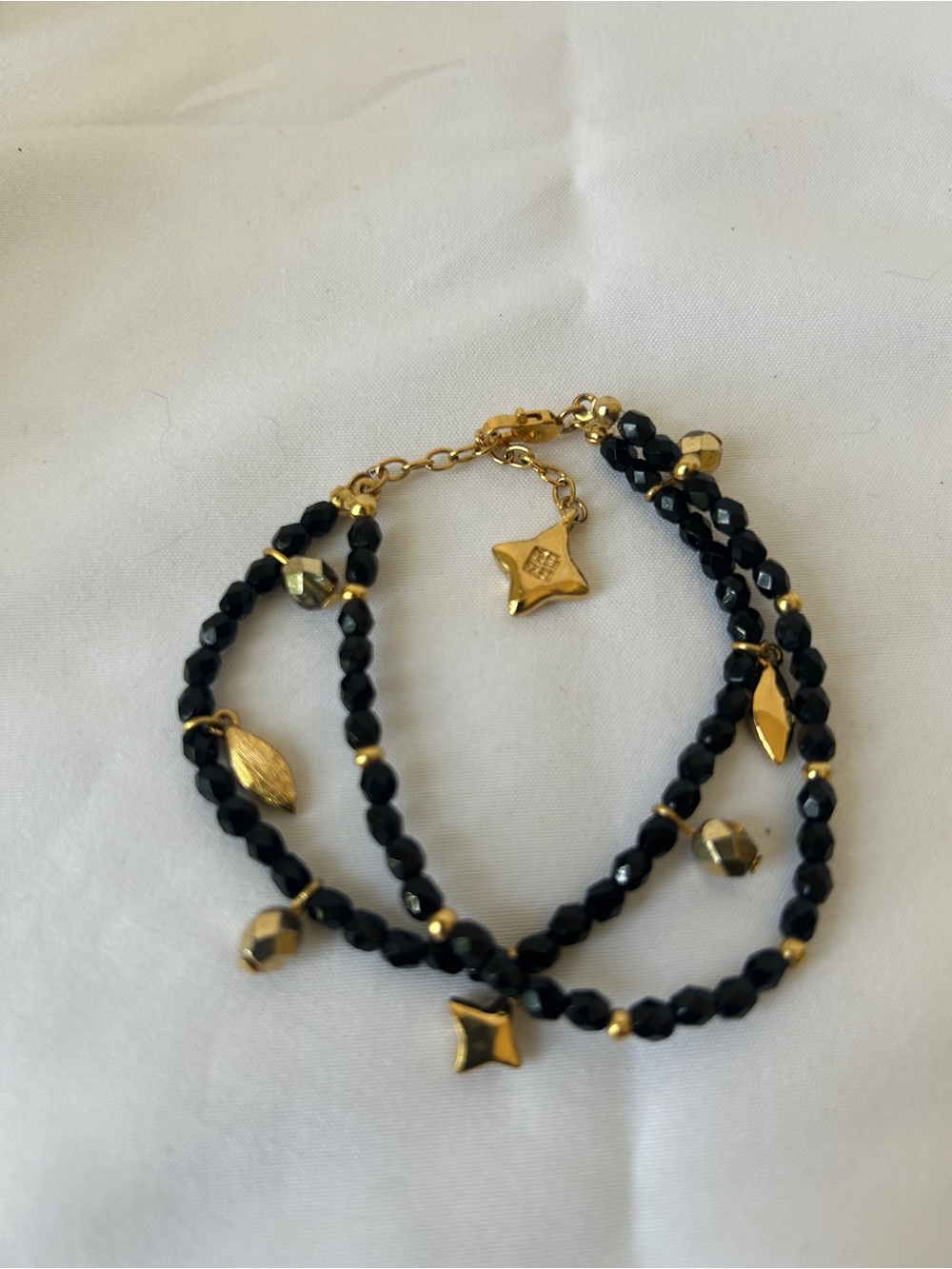 Givenchy Double strand Bracelet Black Crystal Beads w Gold Charms Signed
